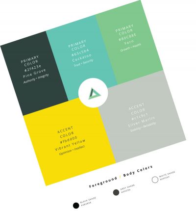 Branding guide page with colors and logo layouts